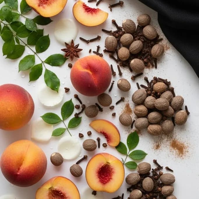 Ingredientes de perfume desde arriba: melocotones, nueces moscadas, clavo, canela y hojas de rosa