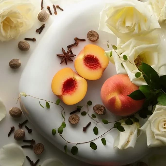 Plato claro con melocotones, anís estrellado, clavo y rosas blancas